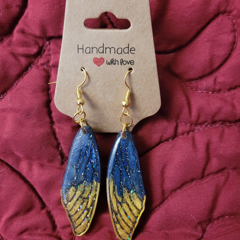 Handmade Resin Blue and Gold Wing Earrings